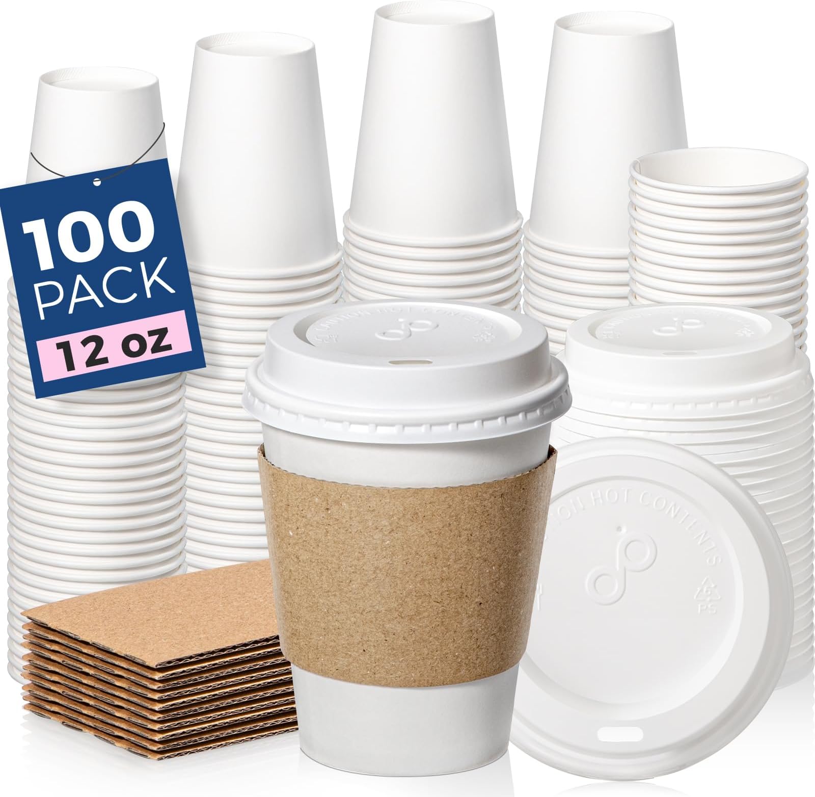 100 Pack 12 oz Disposable Coffee Cups with Lids, Sleeves, Leak-Proof To Go Coffee Cups with Lids, Durable Hot Paper Cups for Hot Cocoa and Coffee Bar Supplies