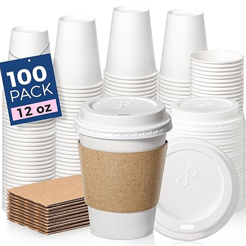 100 Pack 12 oz Disposable Coffee Cups with Lids, Sleeves,