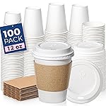 Fit Meal Prep 100 Pack 12 oz Disposable Coffee Cups with Lids, Sleeves, Leak-Proof To Go Coffee Cups with Lids, Durable Hot Paper Cups for Home, Office, Party, Business