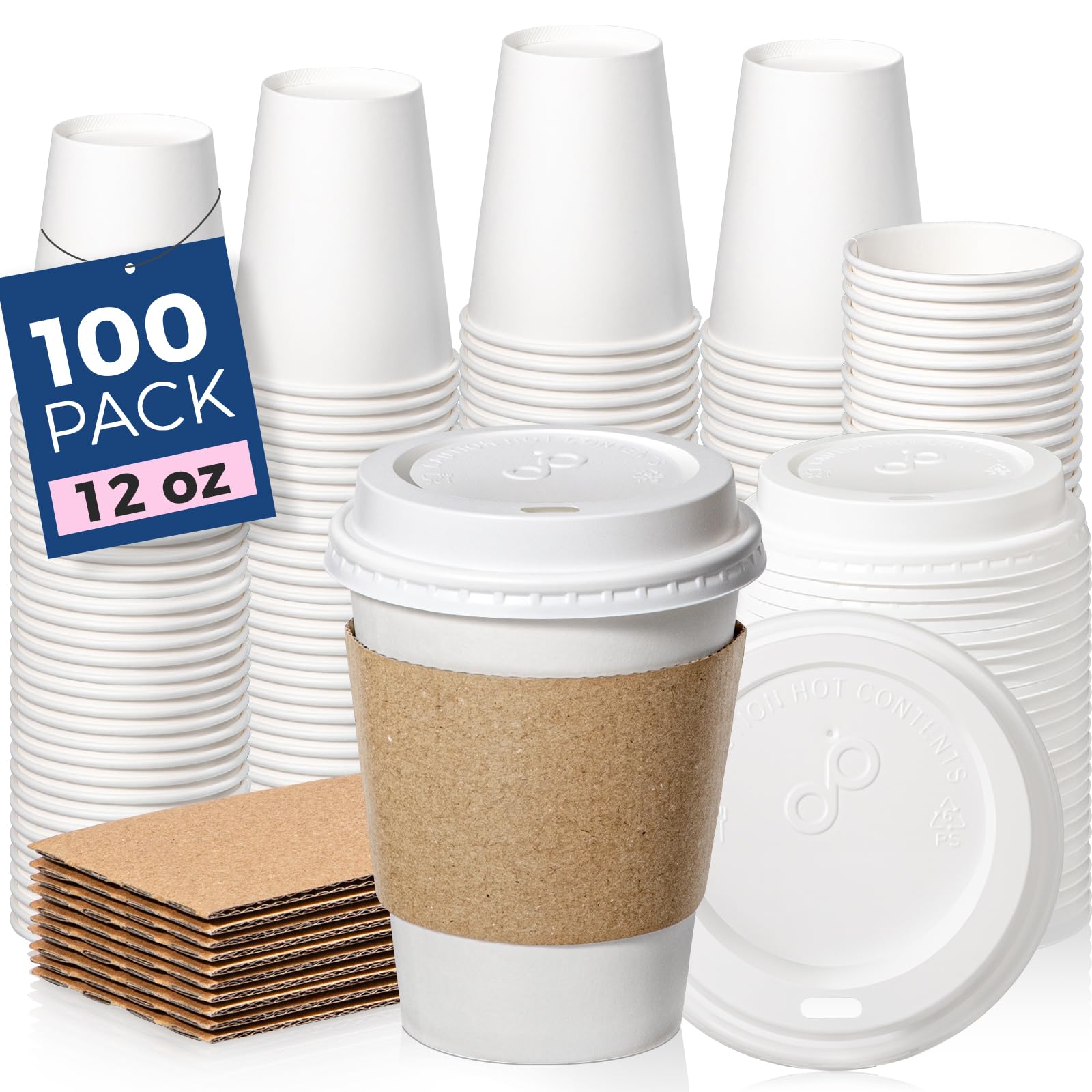 Fit Meal Prep 100 Pack 12 oz Disposable Coffee Cups with Lids, Sleeves, Leak-Proof To Go Coffee Cups with Lids, Durable Hot Paper Cups for Home, Office, Party, Business