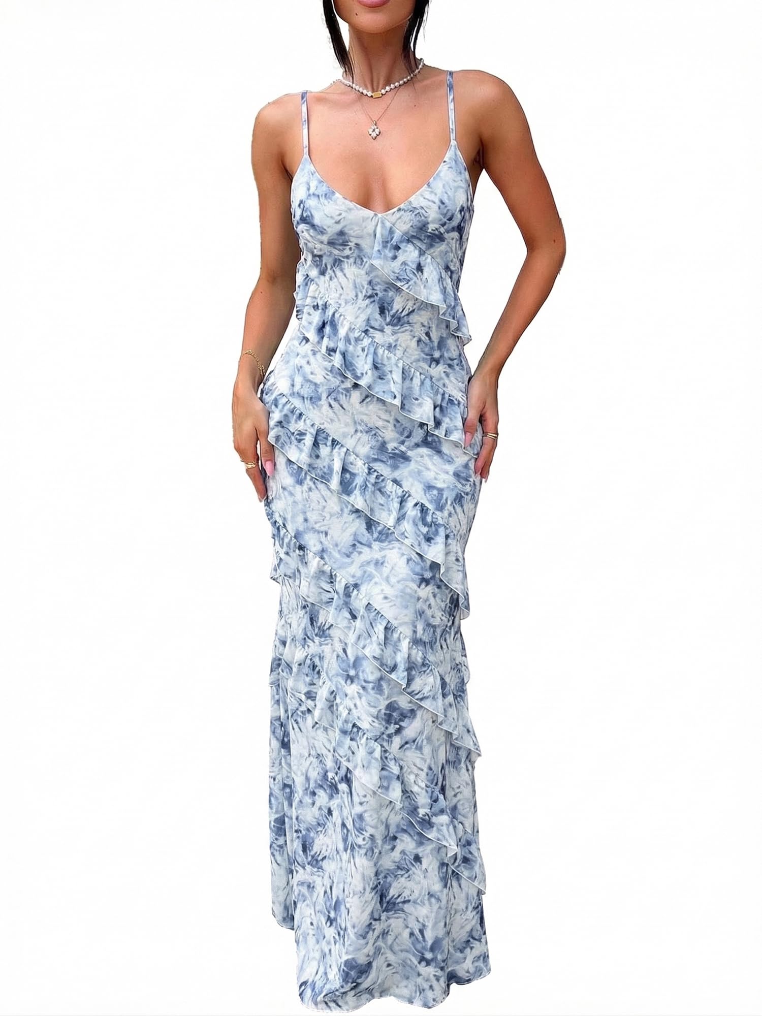 HOCILLE Women's Sexy V Neck Mesh Bodycon Wedding Guest Cocktail Maxi Dress | Sundress Spaghetti Strap Elegant Ruffle Party Long Dresses