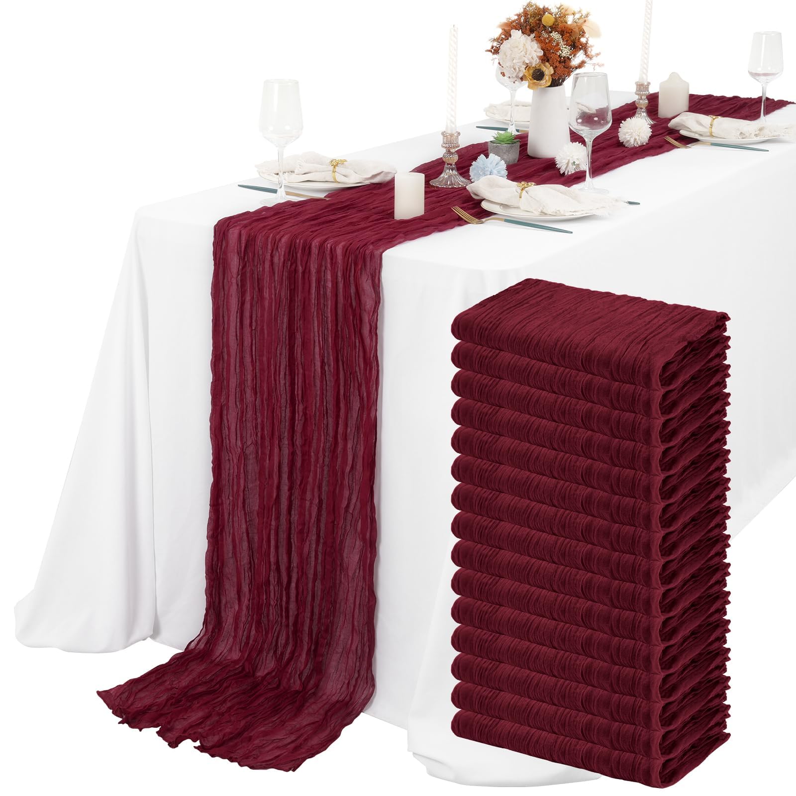 15 Packs Cheesecloth Table Runner Burgundy Semi-Sheer Table Runner 55x300cm, Rustic Gauze Boho Table Runner, Wedding Table Decor Table Cloth for Bridal Shower Party Wedding Holiday — image 1