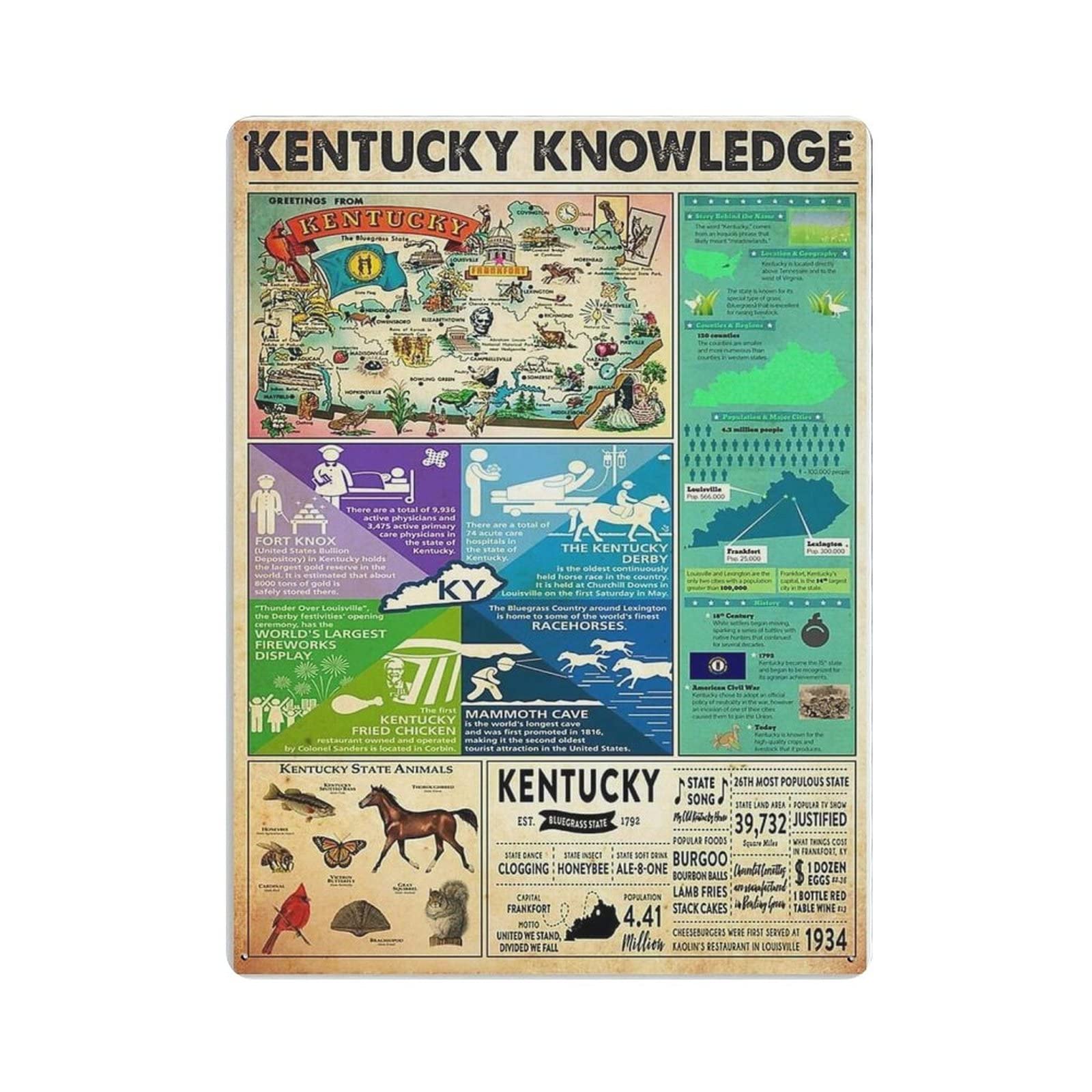 rayprint Kentucky Knowledge Poster Metal Tin Sign Art Wall Plaque Decor Vintage Retro Sign Iron Painting Aluminum Sign for Home Decor Bar Shop Men Cave Outdoor Garage Indoor 16"x12"