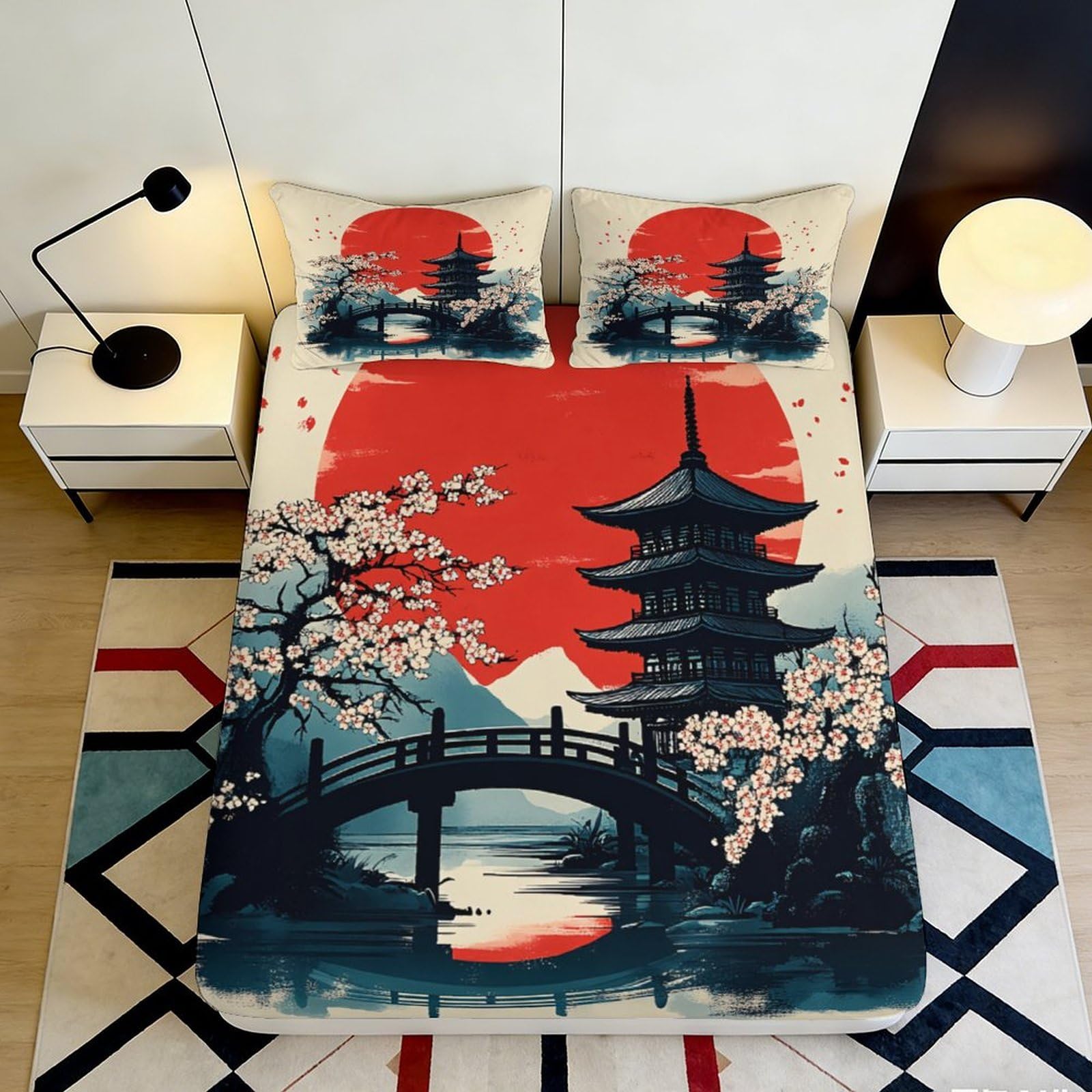 3D Printed Sakura Japanese Fitted Sheet Microfiber Deep Pocket Bedroom Bedding Cherry Blossom Mattress Fitted Cover Washable Non-Slip 120x200x25cm