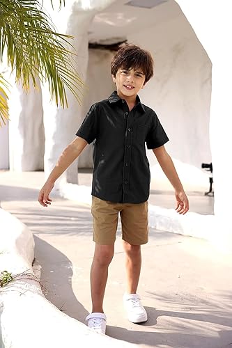 Miniatura 5 de Camisas de vestir de manga larga para niños con cuello clásico, botones y bolsillo en el pecho, camiseta de algodón sólido