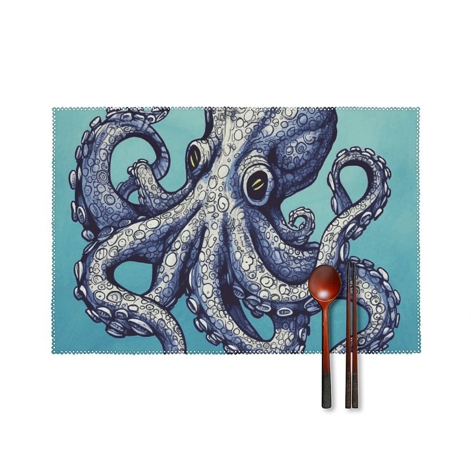 Octopus Design Placemats Set of 6, 12x18 Inch Heat Resistant Washable Canvas Table Mats, Stain Resistant Decorative Dining Placemats for Kitchen, Restaurant, Outdoor Party