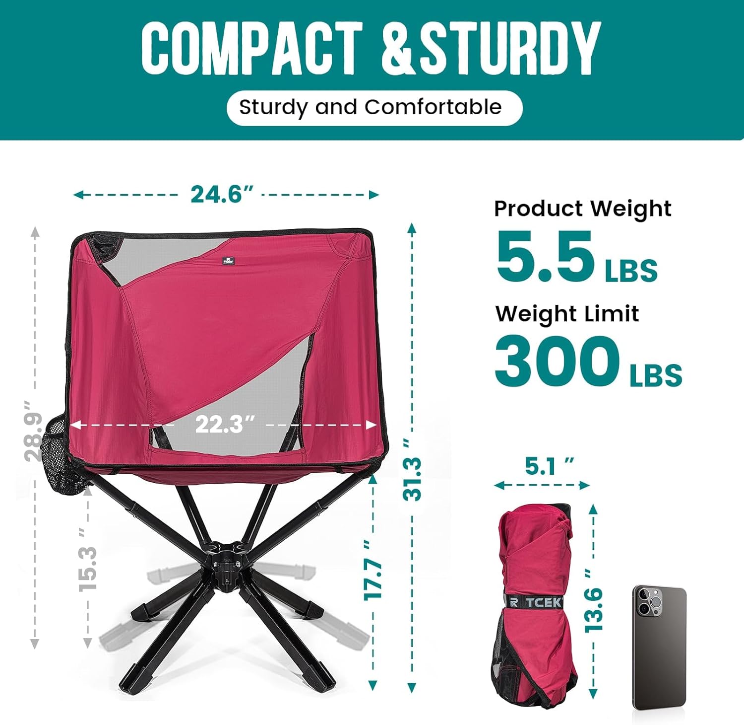 TCEK Adjustable Portable Camping Chair RiseLite Lightweight Compact Folding Chair for Adults, Collapsible Camp Chairs That Folds Up Small, Easy Carry for Travel, Outdoor, Sports, Backpacking, Hiking