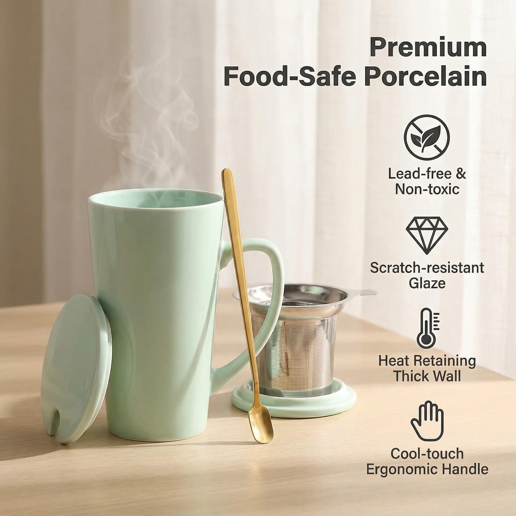 Taza de té de porcelana de 15 onzas con infusor, tapa y cuchara, taza de té de hojas sueltas, color verde menta