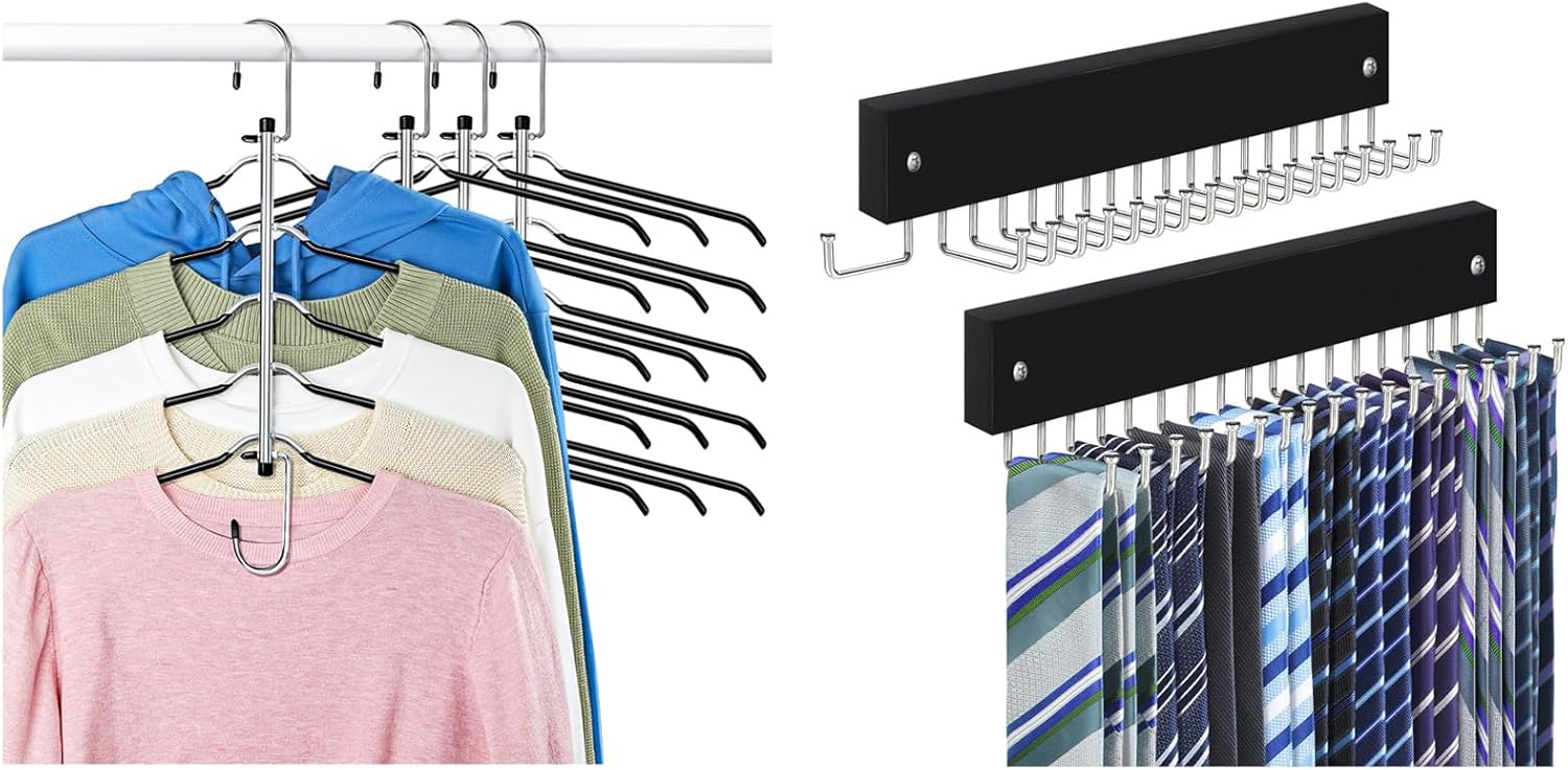 Clothes Hangers Space Saving Shirt Hangers Non Slip PVC Coating Shirt Organizer for Closet 4 Pcs, Tie Rack Belt Hanger Wall Mounted Rotating Tie Organizer for Men Closet Black 2 Pcs