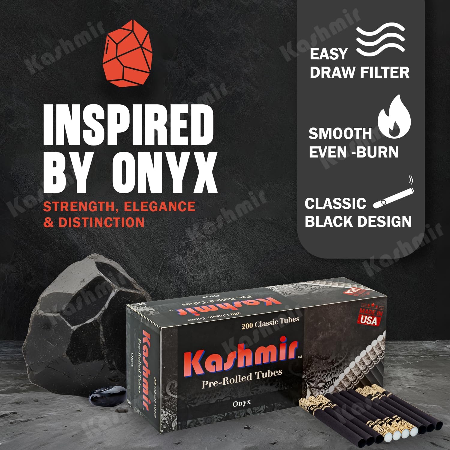 Kashmir Cigarette Tubes with Filters 1000 Count (200 x 5 Boxes) – 84mm Onyx King Size Empty Paper Tubes – Patent-Pending Filter Tubes Compatible with Most Injector Machines – Made in USA