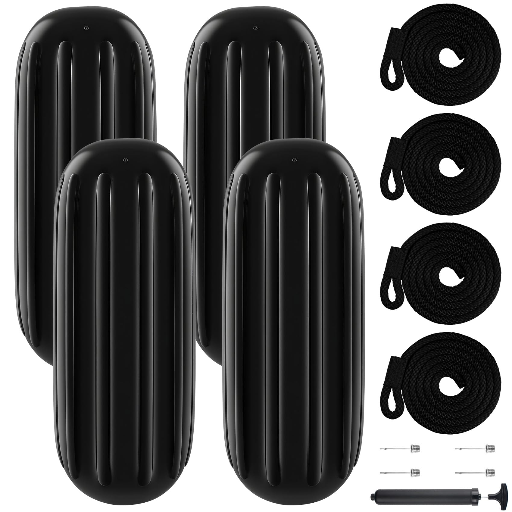 VEITHI Boat Fenders 4 Pack 6 x 15 inch Black, Hole Through Middle Vinyl Boat Bumper Fenders,Boat Bumpers for Docking Come with Ropes Needles and Pump, Inflatable Ribbed Fenders for Boat/Pontoon/Yacht â image 1