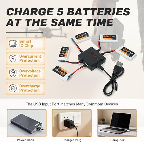 Miniatura 5 de VICMILE Batería Lipo de 3.7 V 450 mAh 25C RC Drone Baterías con cargador 5 en 1 Molex Plug Compatible con la mayoría de SYMA y Holystone RC Drone,