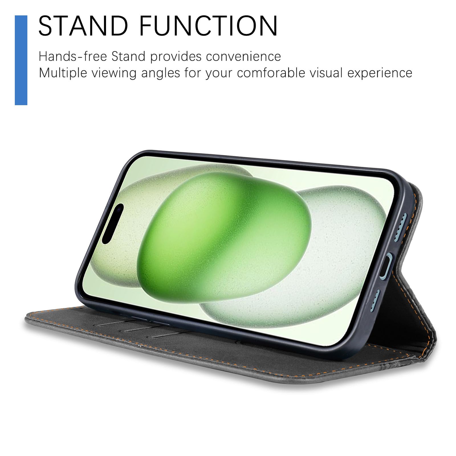IPhone 15 Lederhülle – Flip Case Mit Kartenfach, Standfunktion & 360°-Schutz, Schwarz