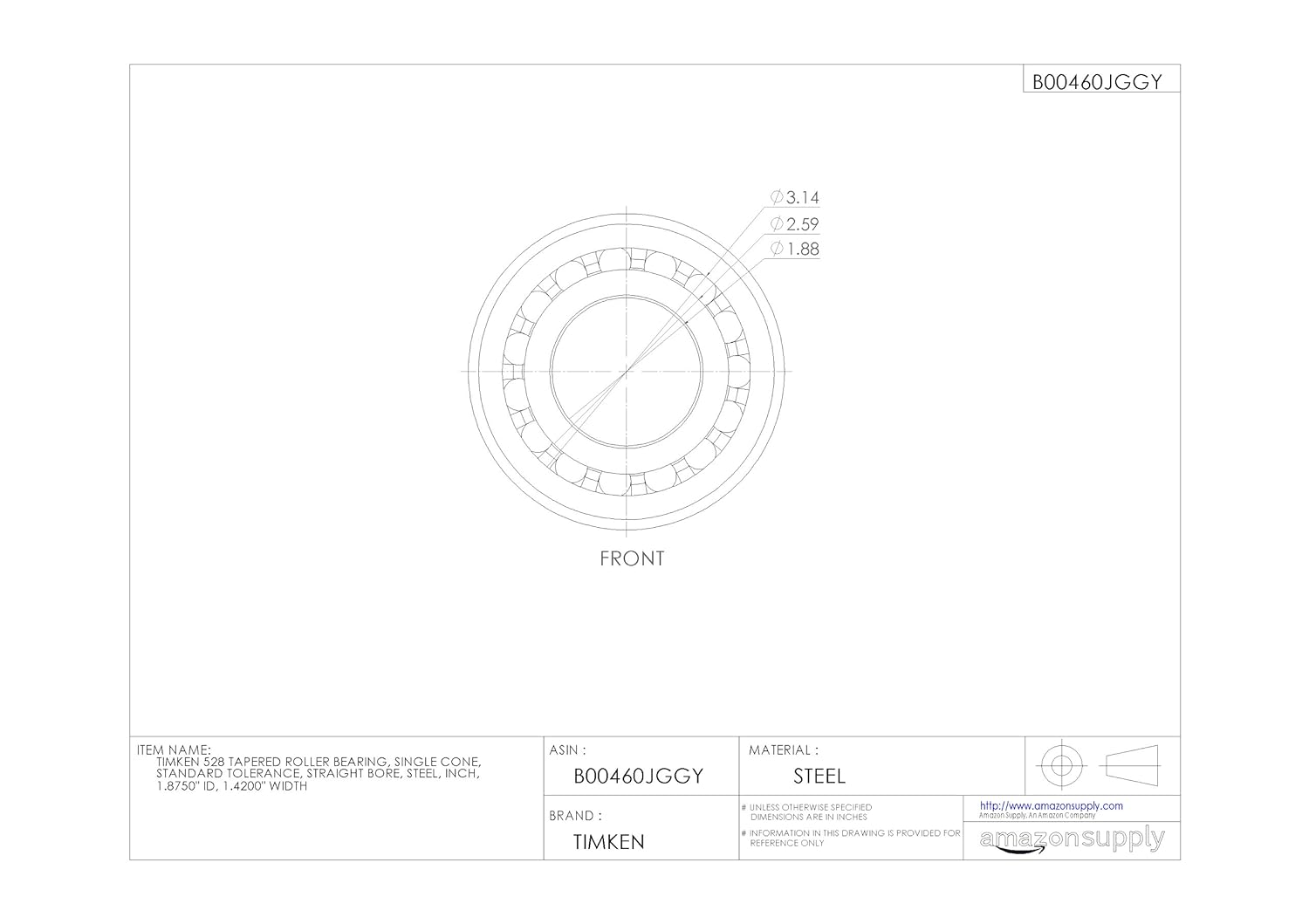 Timken 528 Tapered Roller Bearing, Single Cone, Standard Tolerance, Straight Bore, Steel, Inch, 1.8750" ID, 1.4200" Width