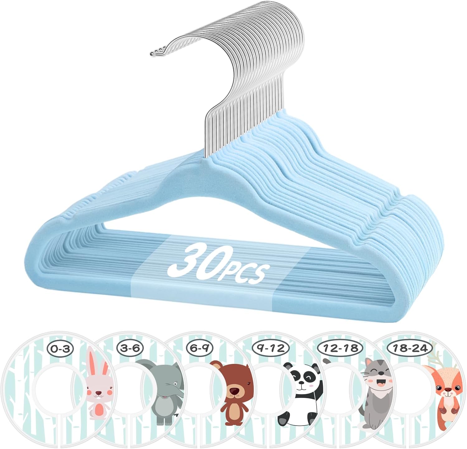 VIS'V Baby Hangers, 11 Inch Velvet Kids Hangers with 6 Pcs Clothes Size Dividers, Infant Toddler Nursery Closet Organization, Non Slip, Blue, 30 Pcs