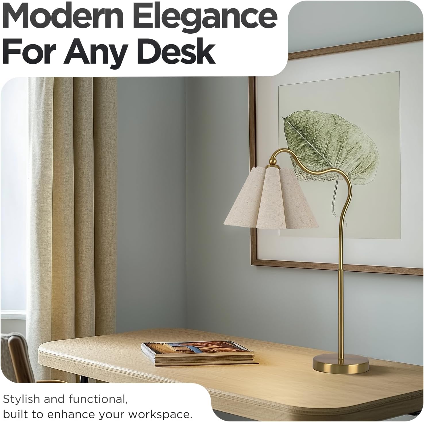 Table Lamp with Beige Pleated Linen Shade, Curved Gold Metal Base, E26 Socket – 23" Tall Modern Bedside Desk Lamp for Bedroom, Living Room, Office – Bulb Not Included