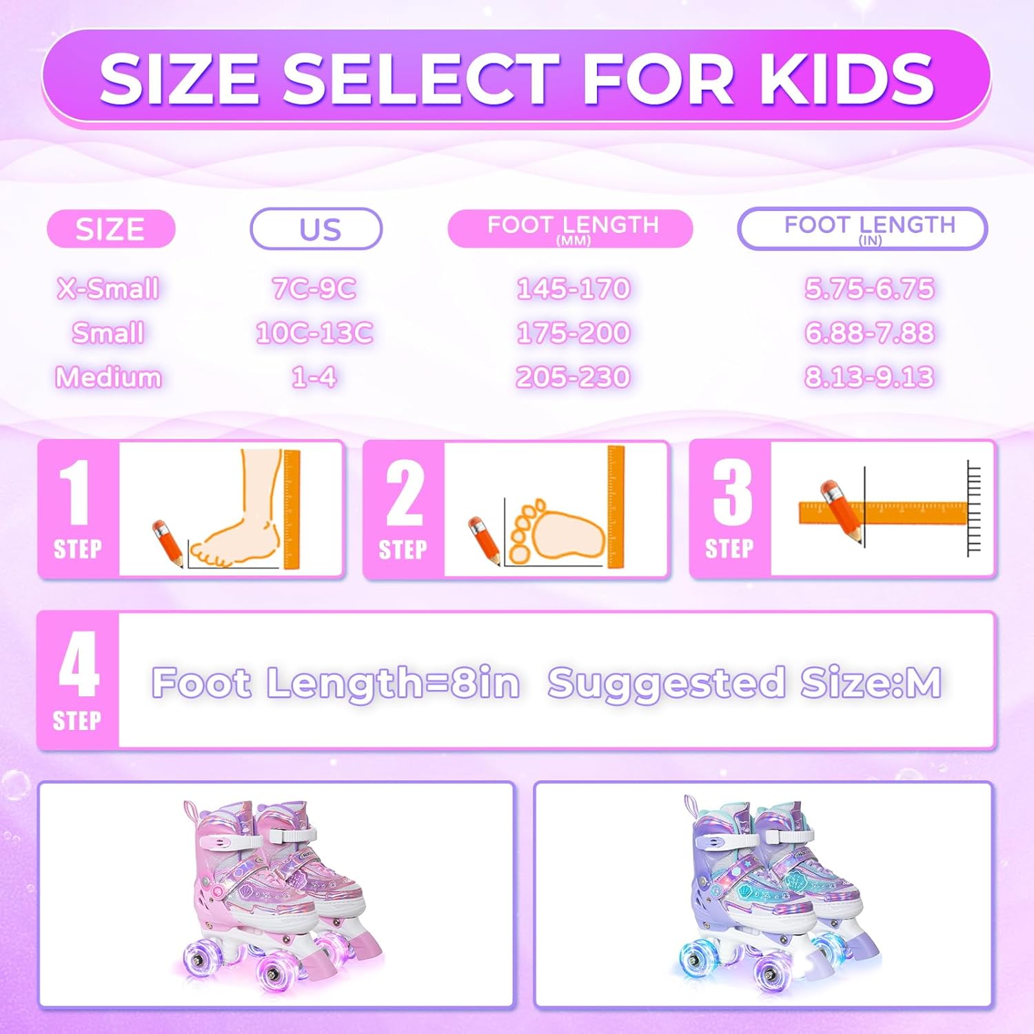 MammyGol Roller Skates for Girls Kids Boys, 4 Sizes Adjustable Quad Toddler Skates Indoor Outdoor Ages 3-8, Pink Blue Purple Green