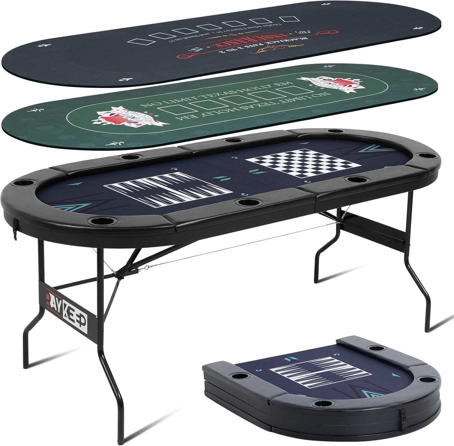 4-in-1 Poker Table Foldable, 8 Player Folding Poker Table w/Interchangeable Texas Holdem/Blackjack Game Mat & Built-in Chess/Backgammon Board, Portable Game Table for Home Party（72inch