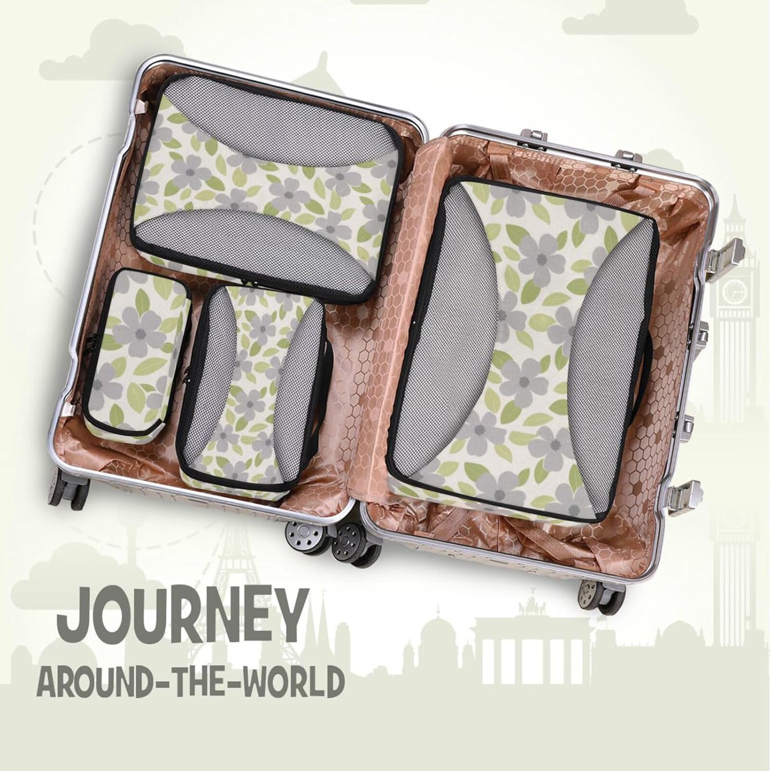 Grey Simple Flowers 4 Pcs set organizer bags set Mesh Travel Essentials portable compression packing cubes