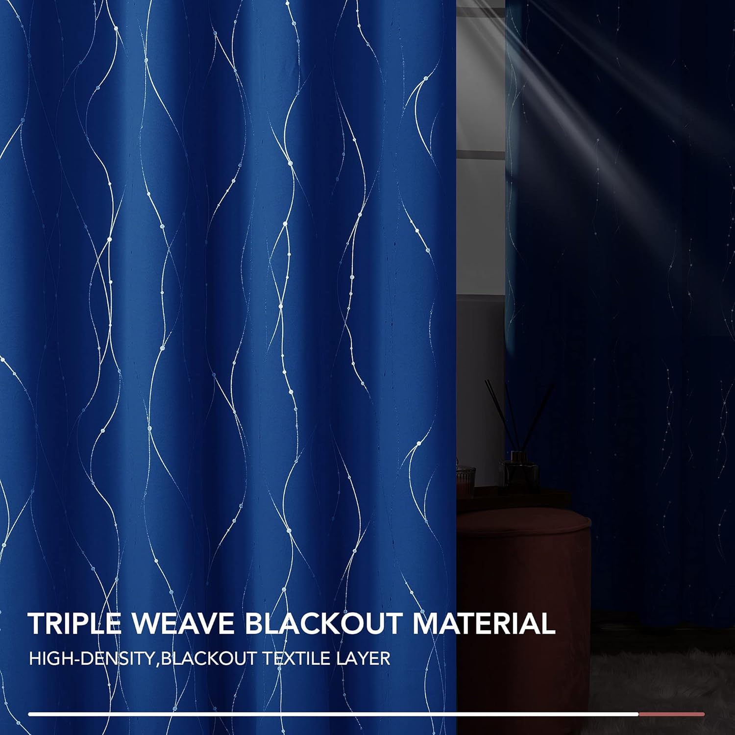 Deconovo Blackout Curtains, 42 x 108 Inch Long Drapes for Sliding Door, Wave Dot Silver Print, Soundproof Thermal Insulated Curtain for Bedroom Living Room, Set of 2, Machine Washable, Royal Blue