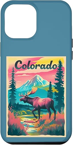 Funda para iPhone 13 Pro Max Colorado Alces Montaña Árboles Naturaleza Retro Vida Silvestre