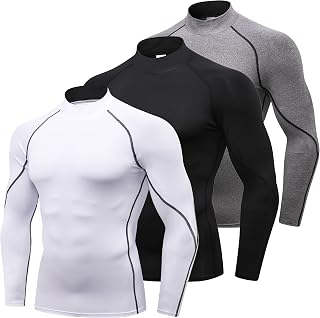 3 Pack Men's Compression Shirts Long Sleeve Athletic Workout Gym Shirt Cool Dry Sports Baselayer Running Undershirts, Mock Turtleneck- Black+white+grey, Large