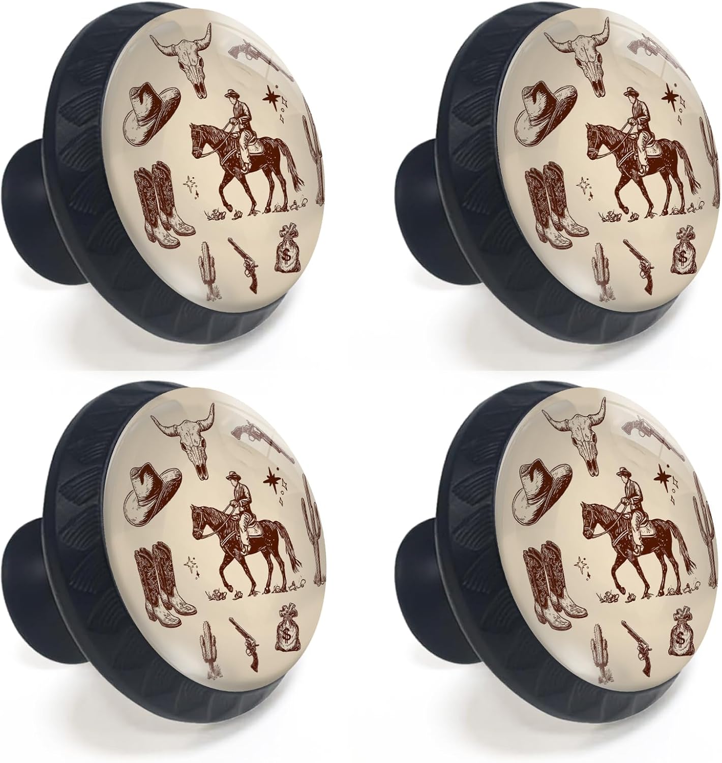 4 Pack Vintage Western Cowboy Cabinet Knobs Round Drawer Pulls Black Dresser Knob Cupboard Door Handles Hardware for Kitchen Bathroom Cabinets