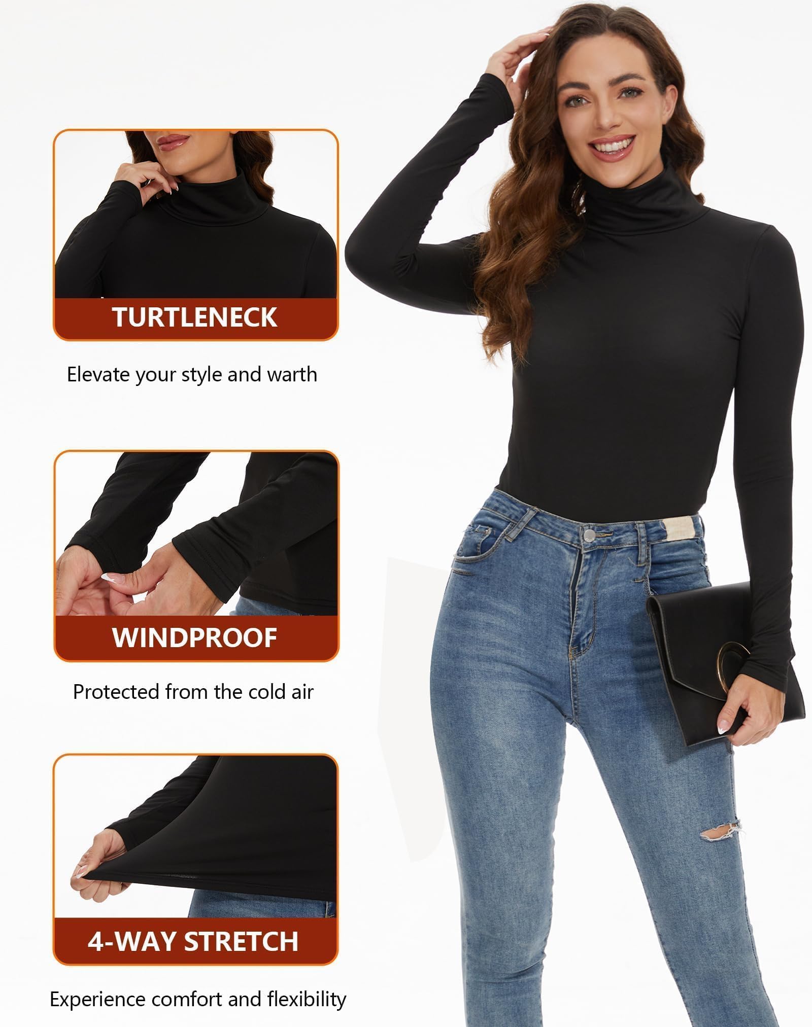 Dalavch Thermo-Rollkragen-Shirts für Damen, Rollkragen-Shirts, Fleece-gefüttert, Kompressions-Langarm-Unterhemden, 4 Stück