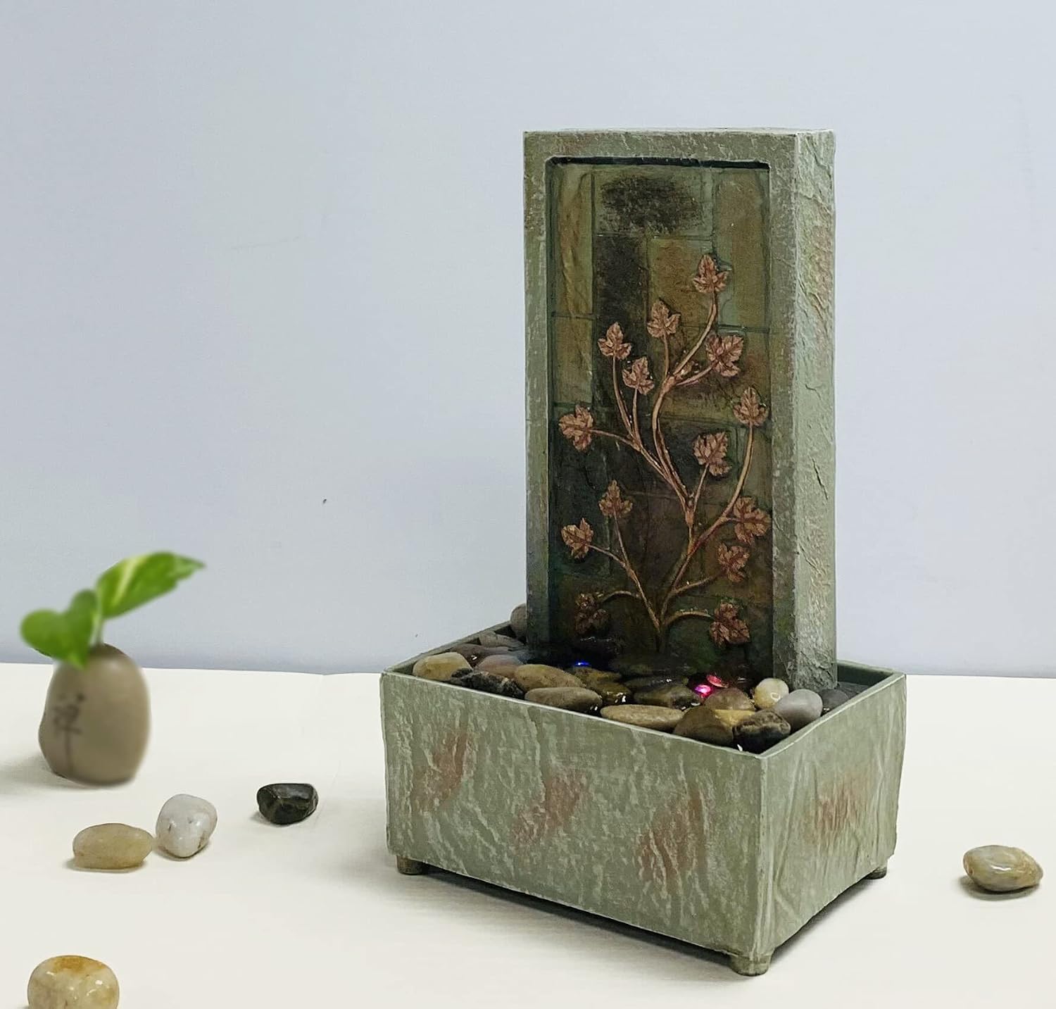 Nature's Mark 9.5" H Tree Branch Leaves Tabletop Water Fountain with Natural River Rocks and LED Lights (Power Cord Attached)