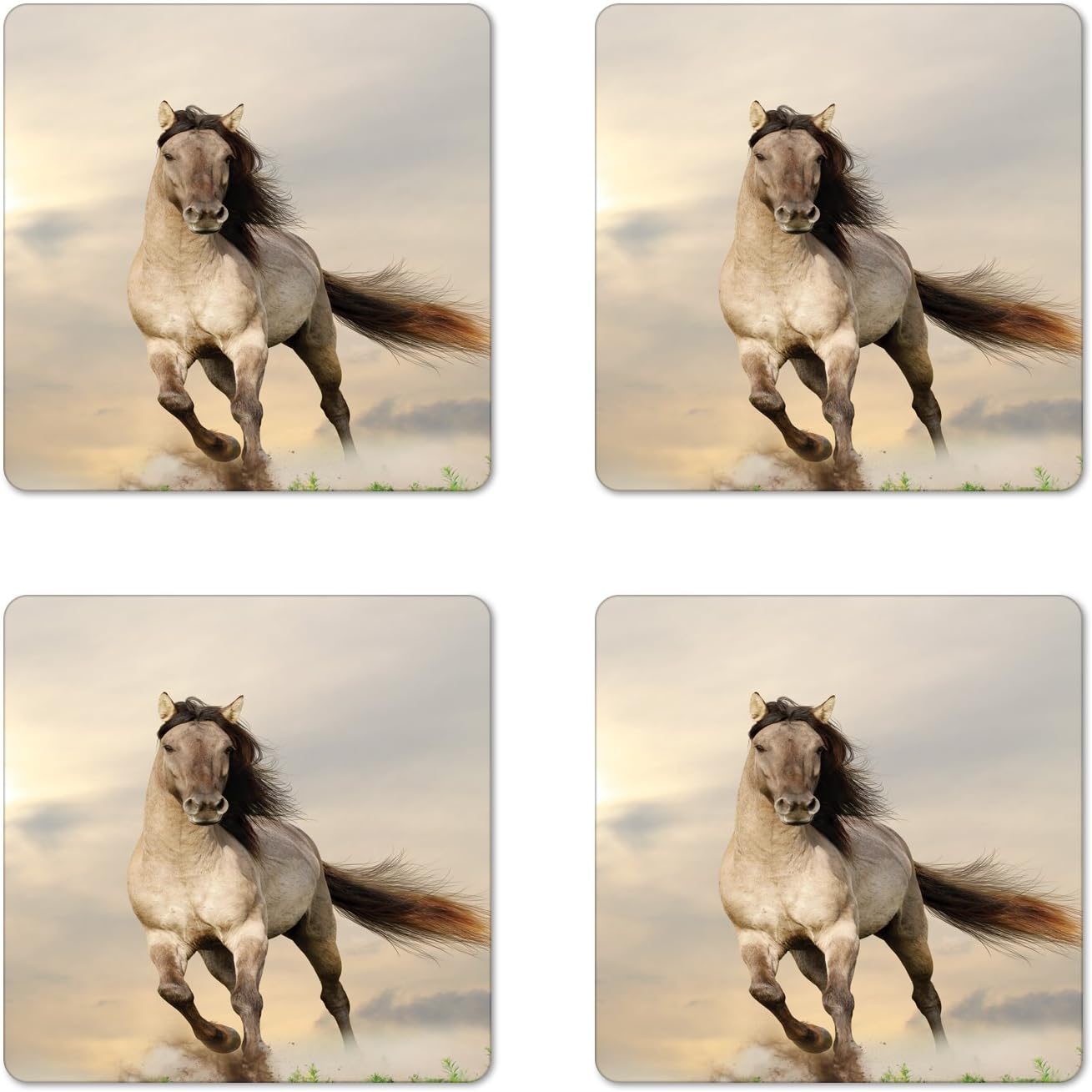 70% оƒƒ Evеrуthіng Lunarable Horses Coaster Set of 4, Wild Young Stallion Horse Running at Sunset Male Power Muscular Physique Nobility Photo, Square Hardboard Gloss Coasters, Standard Size, Beige Brown