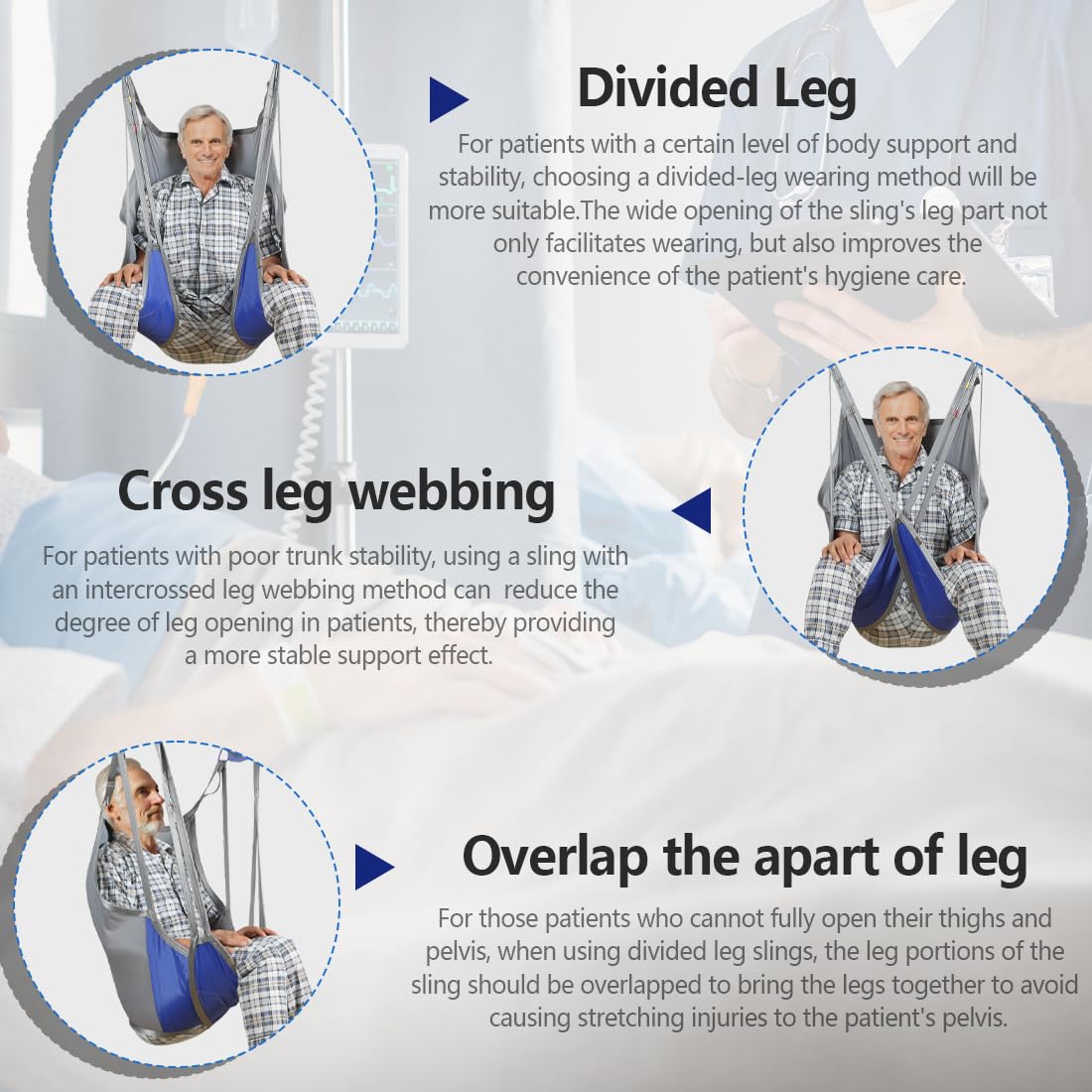 EZ Assistive Écharpe de levage pour patient, jambe divisée avec dossier bas ou haut, sangle de levage pour transfert, positionnement et levage, capacité de poids de 226,8 kg (dos moyen-bas)