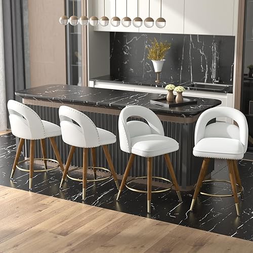 GYI Bar Stools Set of 4, 24" Swivel Counter Height Bar Stools, Upholstered Barstools with Backs, Solid Wood Legs for Kitchen Island, Velvet in Creamy (White, 4pcs)