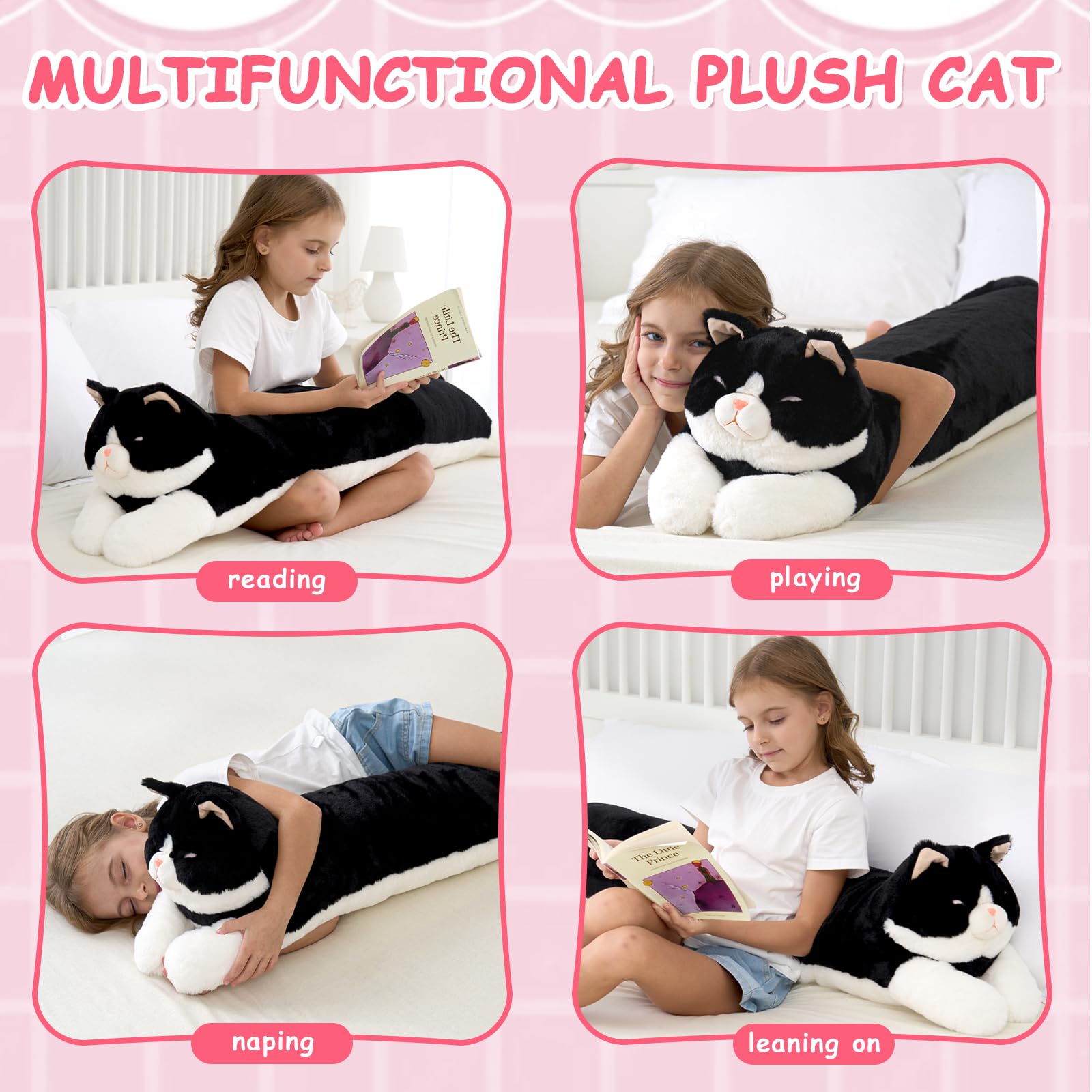 Dalmao Gato de peluche blanco y negro de 120 cm de alto, largo como cojín de abrazo/cuerpo, peluche suave para niños y adultos