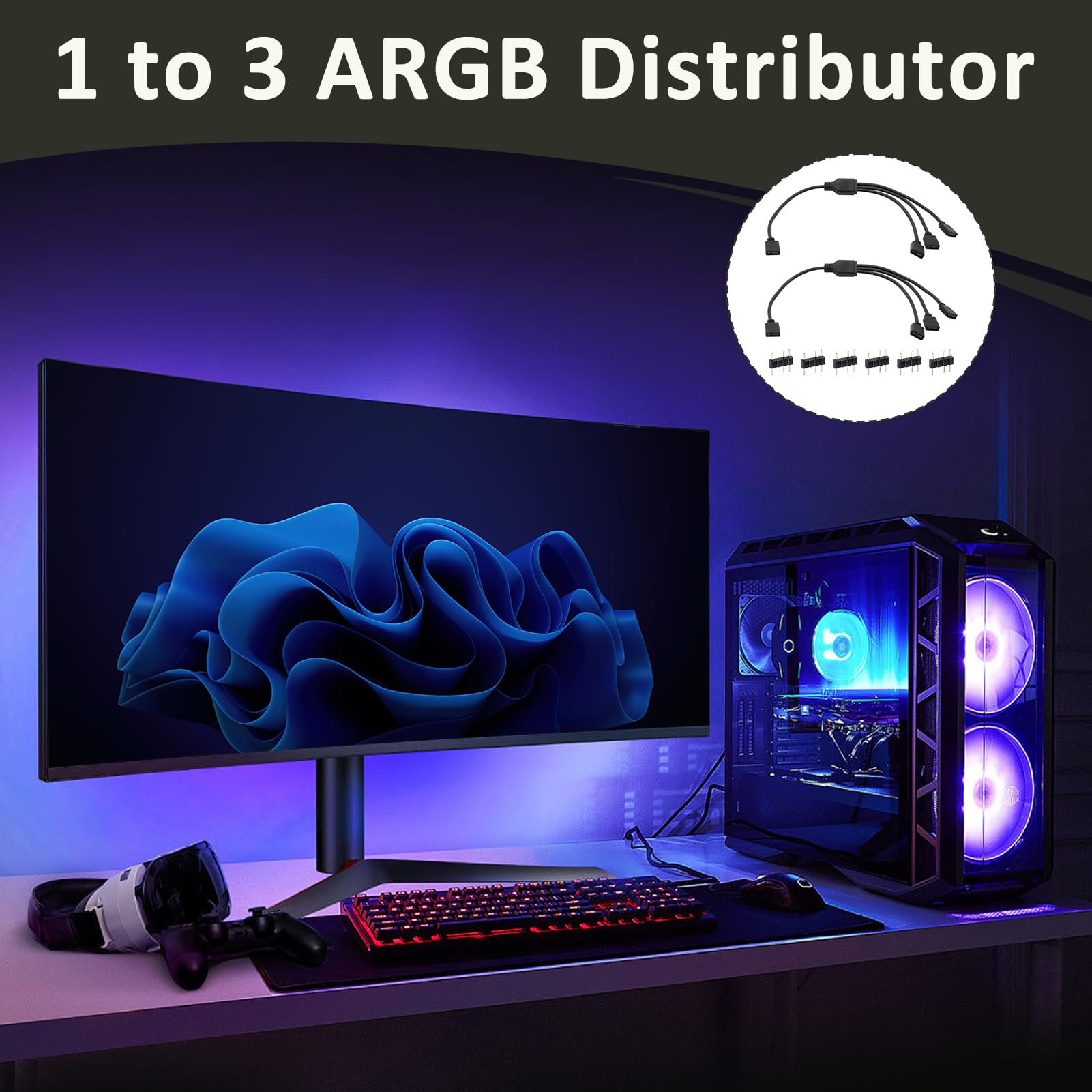Câble Répartiteur ARGB 1 vers 3, Adaptateur RGB 5V 3 Broches, Extension LED pour Ventilateurs PC Compatible ASUS MSI Gigabyte ASRock