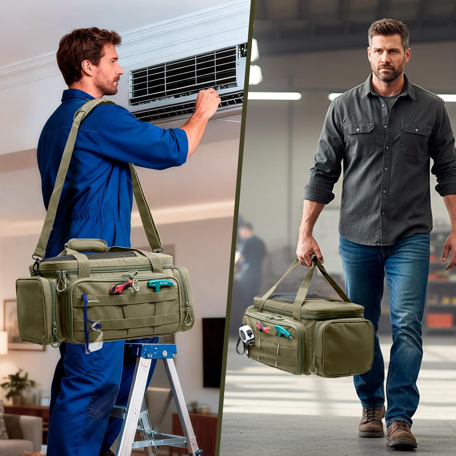 Heavy Duty Tool Bag Organizer with Strong Magnets & Detachable Pouches, Tactical Tool Tote for Men, Multiple Pockets, Anti-Friction Bottom Utility Tool's Bag for Electrician,Mechanic