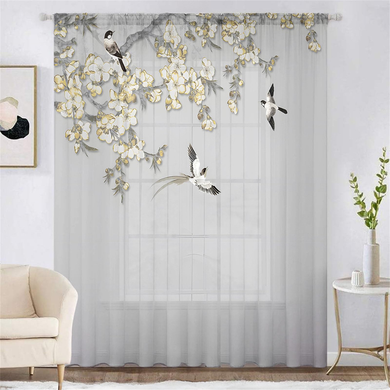 Surwin Net Curtains for Windows, 1 Panels Voile Curtain, Flower and Bird Series with Eyelets, Semi Transparent Lightweight Voile Panel for Living Room Bedroom Balcony (Gray,W132xH213cm)