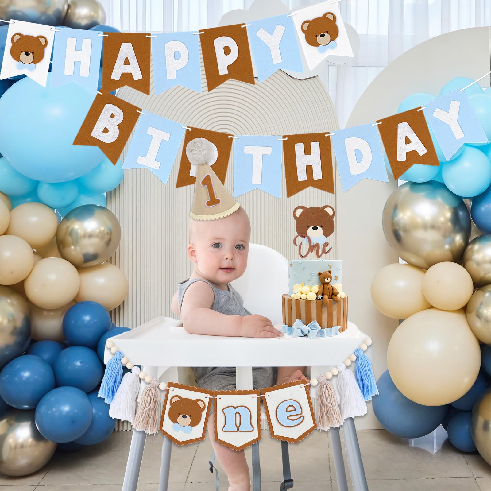 Whaline Bear First Birthday Highchair Decoration Set Blue Brown Birthday Banner One Highchair Garland with Tassel Felt Hat Cake Topper for 1st Birthday Baby Shower Photo Prop