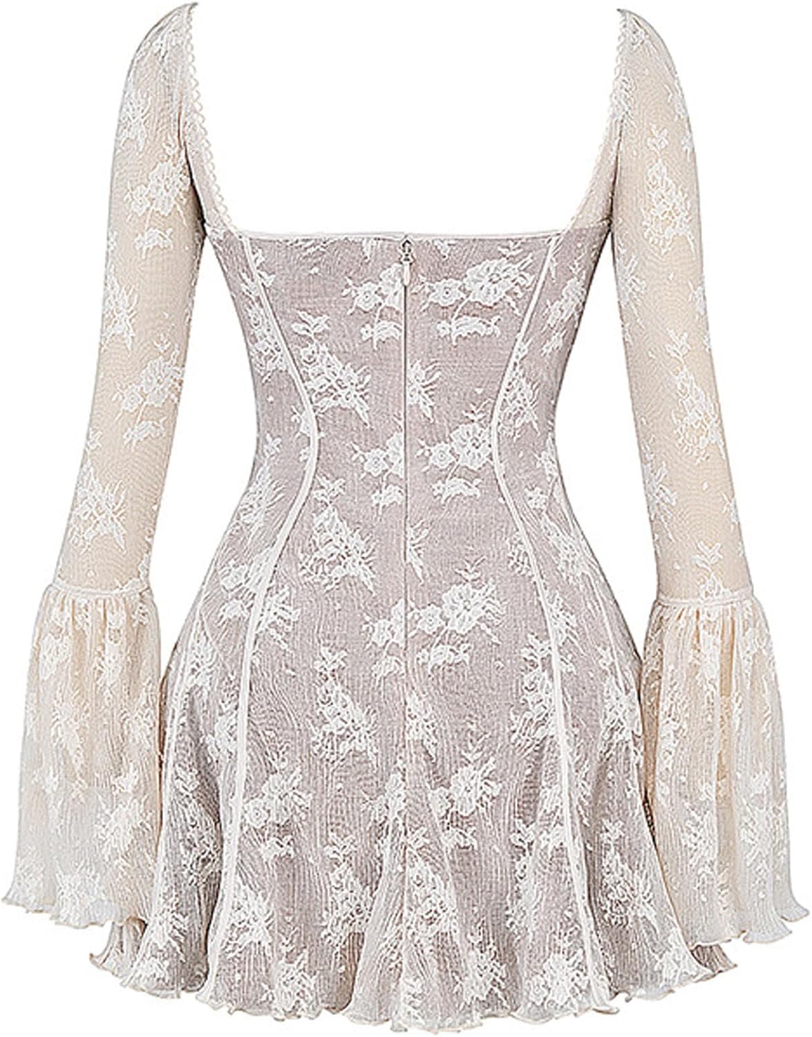 xxxiticat Women's Floral Lace Mini Dress Long Sleeve Square Neck Flower Pleated Swing Hem Layered White Fairy Short Dress - Image 7