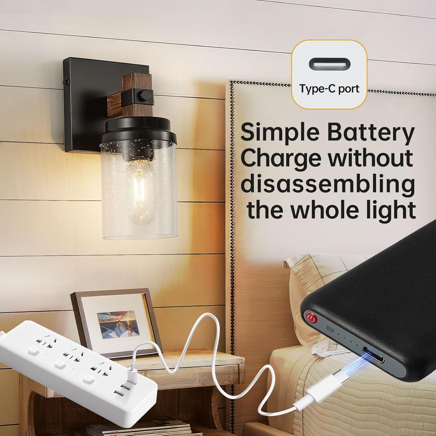 Battery Operated Wall Sconce Set of Two, Rechargeable Wall Light, Wood Grain Farmhouse Cordless Wall Lamp, Seeded Glass Shade Battery Powered for Bedroom Living Room Bathroom Hallway, Bulb Included