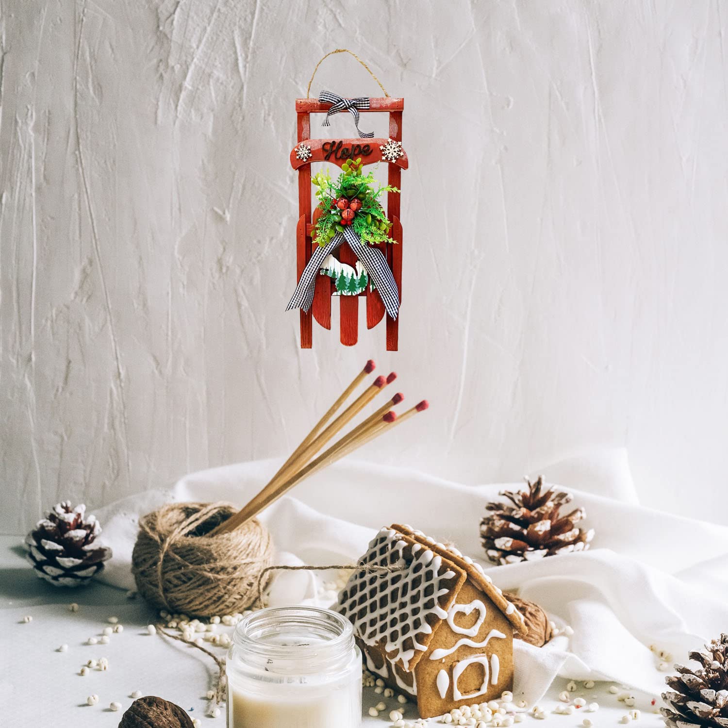 Rustikale Holzschlitten-Dekoration, altmodisch, dekorativer Schlitten zum Aufhängen mit Schriftzug "Hoffnung", Weihnachten, Schlitten für drinnen und draußen, Weihnachtsdekoration (16.5 H)
