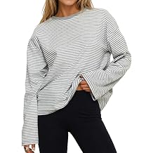 Flowyair Womens Oversized Striped Long Sleeve Shirts Crew Neck Cotton Tops