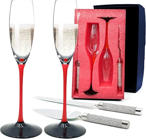 Miniatura 7 de KOWLOON Juego de 4 copas de champán y cuchillos para tartas, juego de cristalería de lujo, copas de champán rojo con juego de corte de pastel,