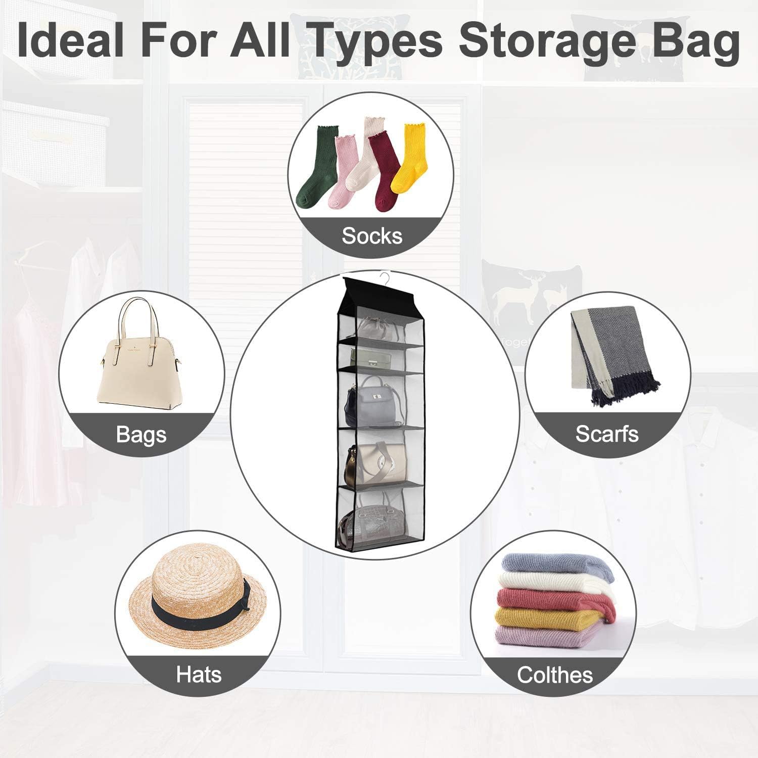 Improved Closet Handbag Purse Holder with 5 Large Heavy-Duty Mesh Shelves, Space Saving Hanging Handbag Storage Tote Bag Organizer Holder for Wardrobe Closet(Black) - Image 6