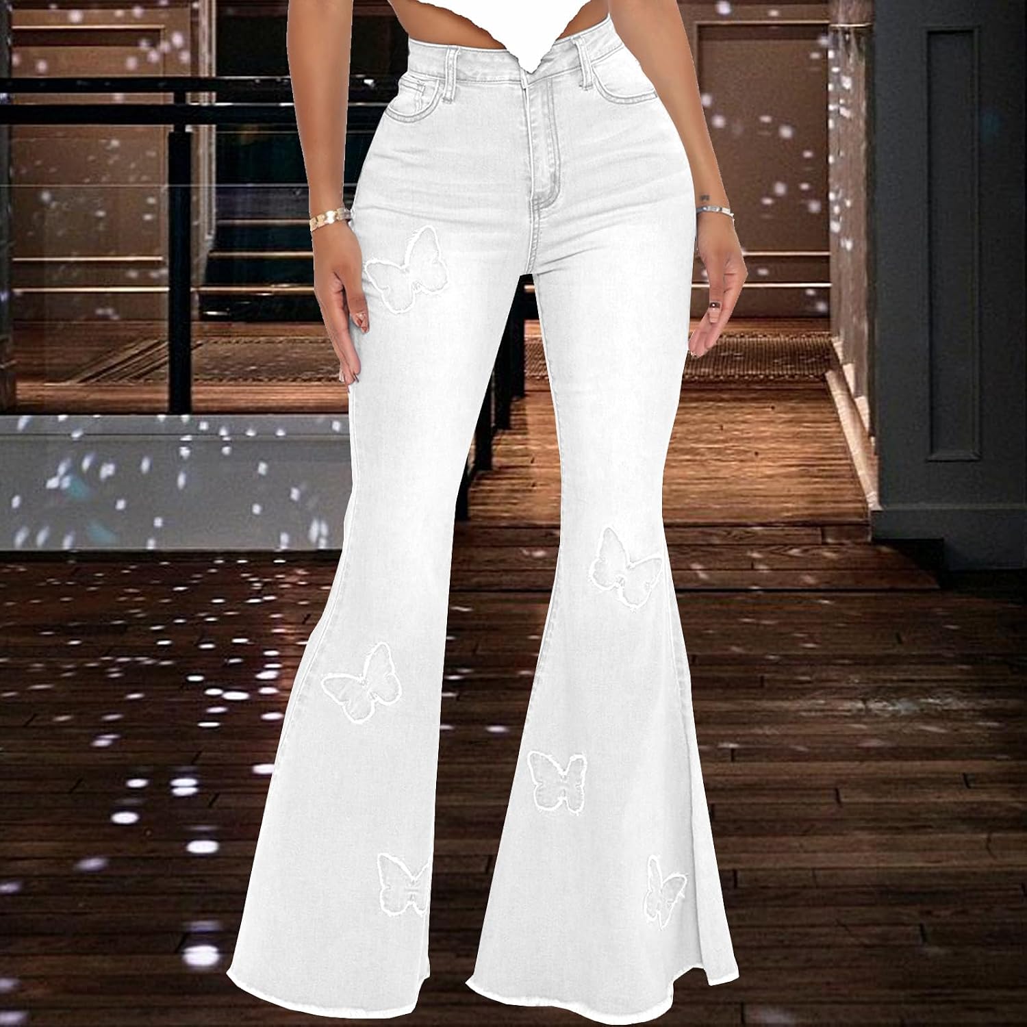 Women's Butterfly Bell Bottom Jeans Elastic High Waisted Embroidered Classic Flareed Jeans Raw Hem Denim Pants with Pocket