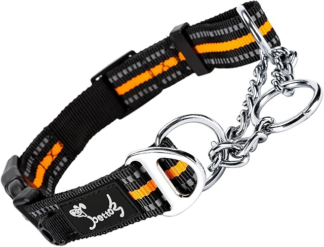 PETTOM Martingale Half Choke Dog Collars, Strong Dog Collar with Safe Buckle, Adjustable Reflective Half Check Dog Collar Medium (M: 43-52CM, Orange)