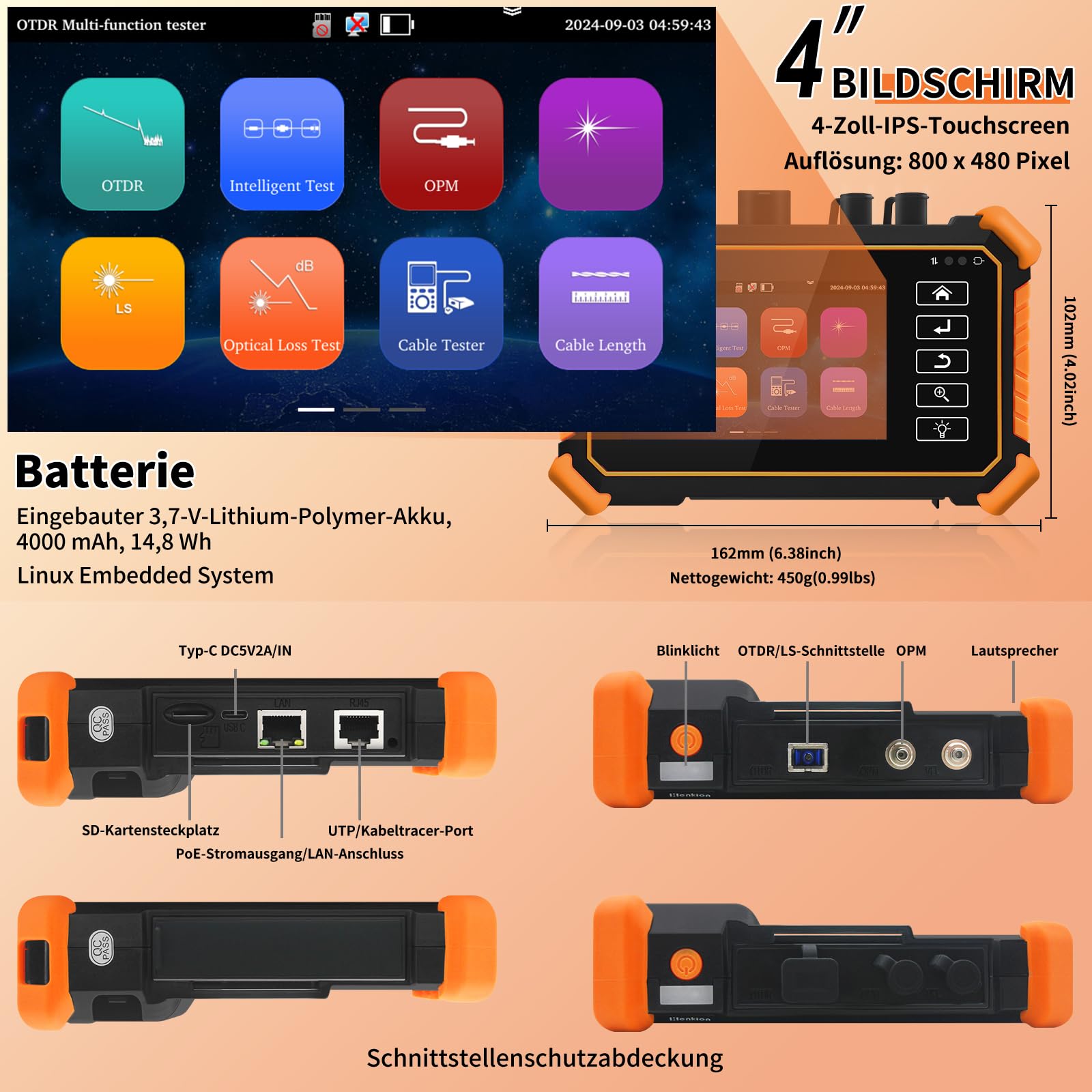 Henkion OTDR Fiber Optic Tester 1610nm 26dB, Glasfasertester unterstützt OPM, LS, OLS, VFL, Ereigniskarte, UTP/RJ45 TDR kabeltest/Längenkabeltester, Netzwerktester, 8 Faseradapter, FTP/Bericht