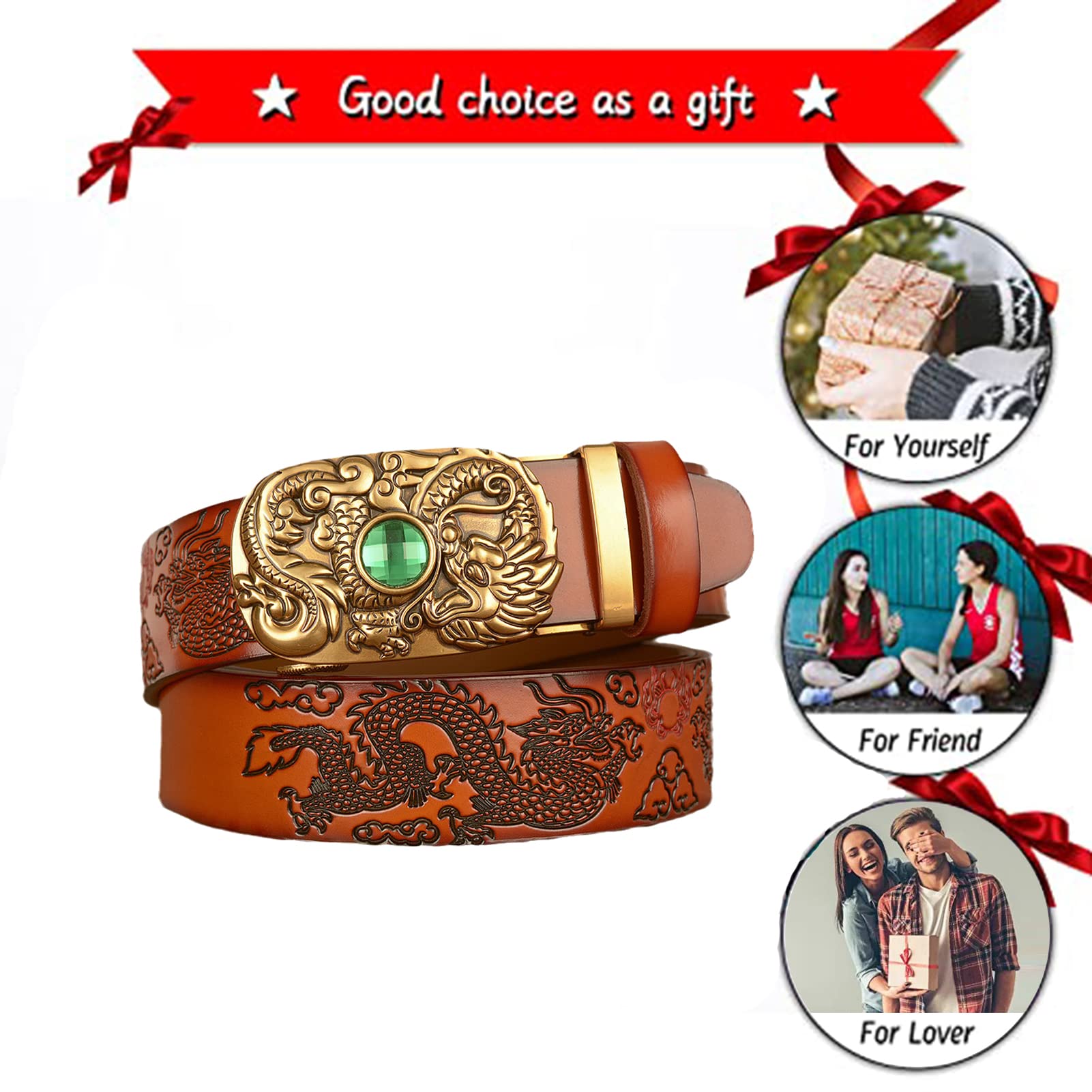 Cinturón De Trinquete For Hombre, Piel Auténtica, 3,5 Cm Ancho, Con Cierre Automático, Hebilla Deslizante Y Escultura Grabada Decorativa