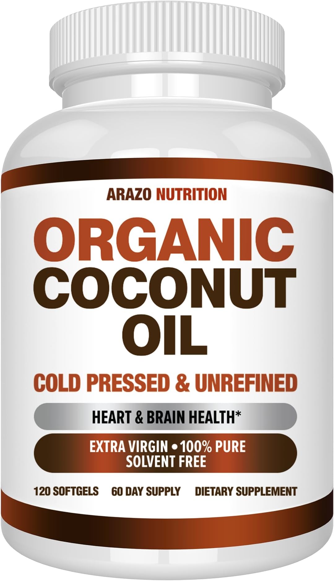 Arazo Nutrition Organic Coconut Oil 2000 MG Per Serving - 100% Extra Virgin Unrefined Cold Pressed for Weight Support, Skin, Hair, Nails - 120 Softgel Capsules