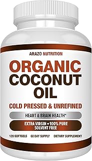 Organic Coconut Oil 2000 MG Per Serving - 100% Extra Virgin Unrefined Cold Pressed for Weight Support, Skin, Hair, Nails - 120 Softgel Capsules