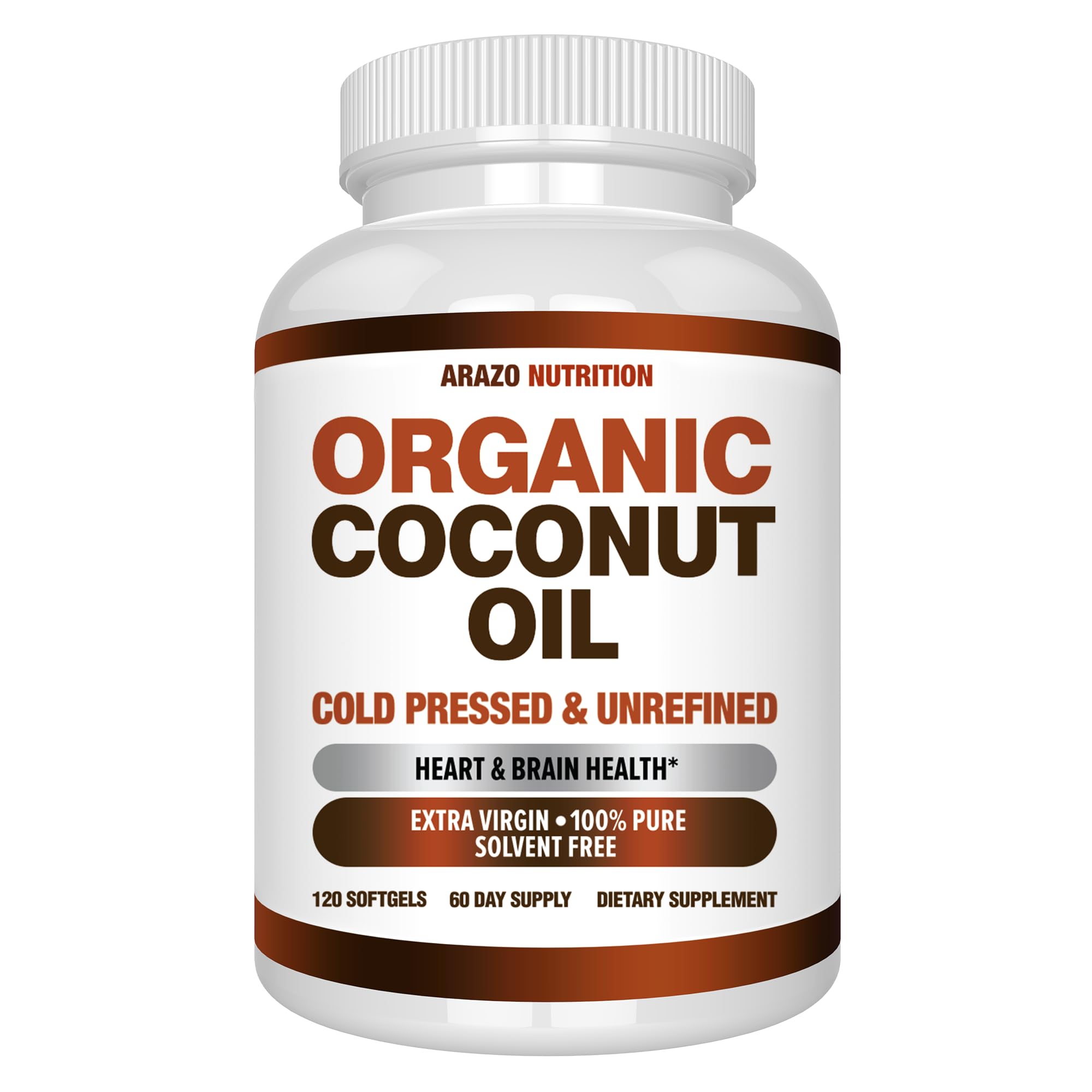 Arazo Nutrition Organic Coconut Oil 2000 MG Per Serving - 100% Extra Virgin Unrefined Cold Pressed for Weight Support, Skin, Hair, Nails - 120 Softgel Capsules 120 Count (Pack of 1)